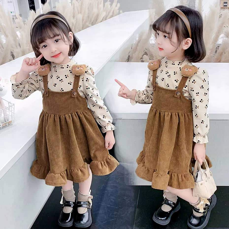 Baju Setelan Anak PErempuan Coklat Jumpsuit Rok Atasan Beruang Bear 2 tahun