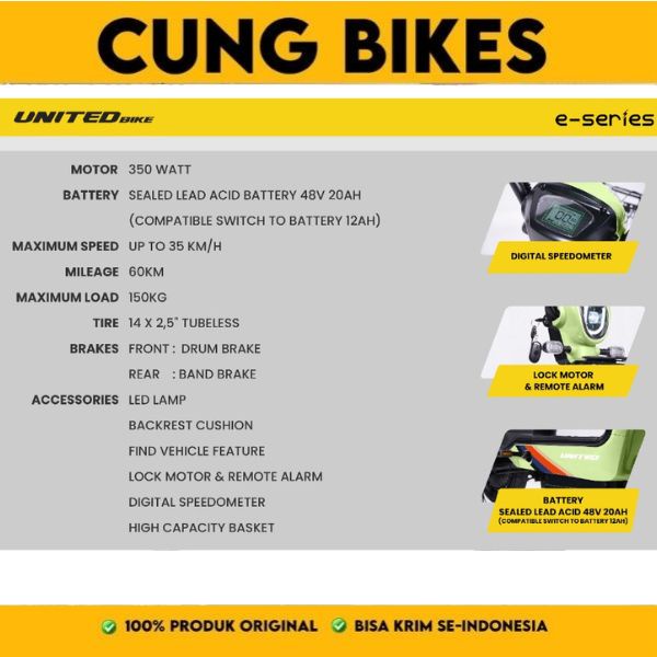 Sepeda Listrik Espana by United Bike Electric Bike, keyless, Keranjang besi bergaransi resmi