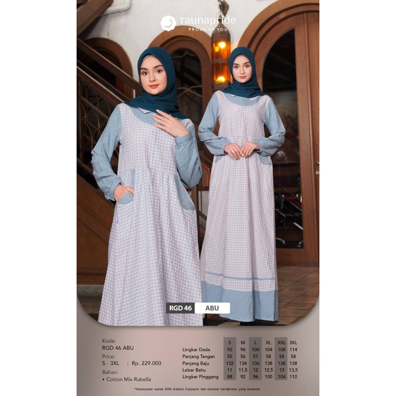 Rauna Gamis RGD 46 - RGA 46 - RGR 46 ABU / Fashion Muslim Gamis Dewasa - Anak - Remaja / Baju Muslim