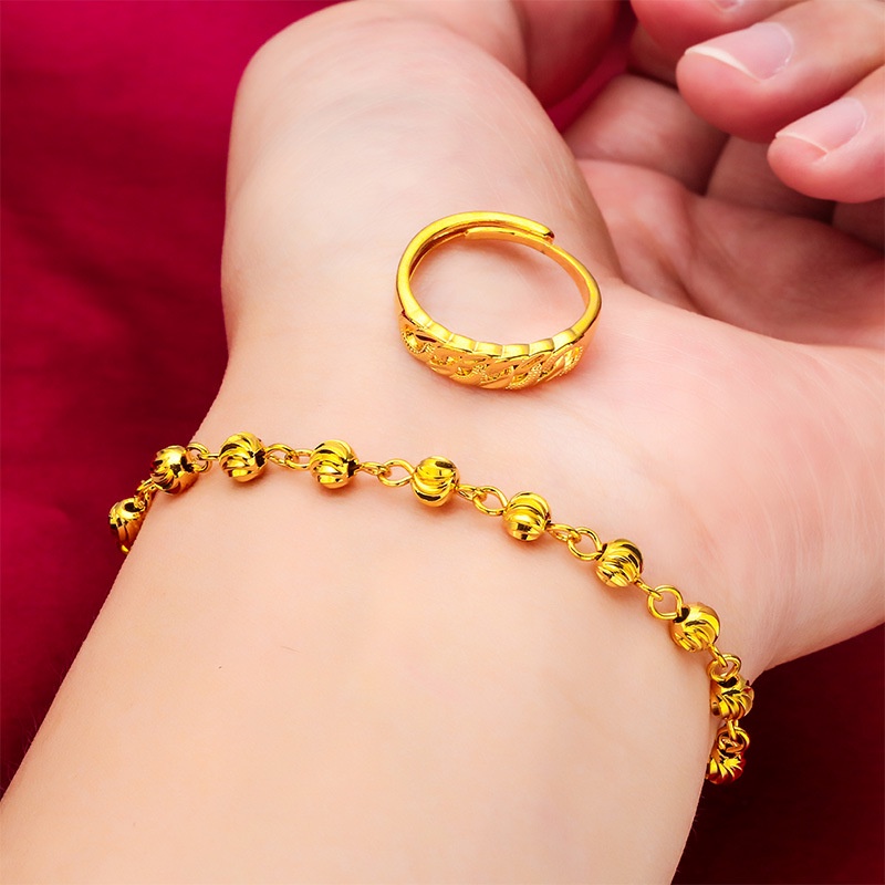 Goldkingdom Perhiasan Fashion Emas Asli Kadar 375 Bangkok Aksesoris Ready Stock Wanita Lapis Emas Semangka Manik Gelang Memutar Cincin Set