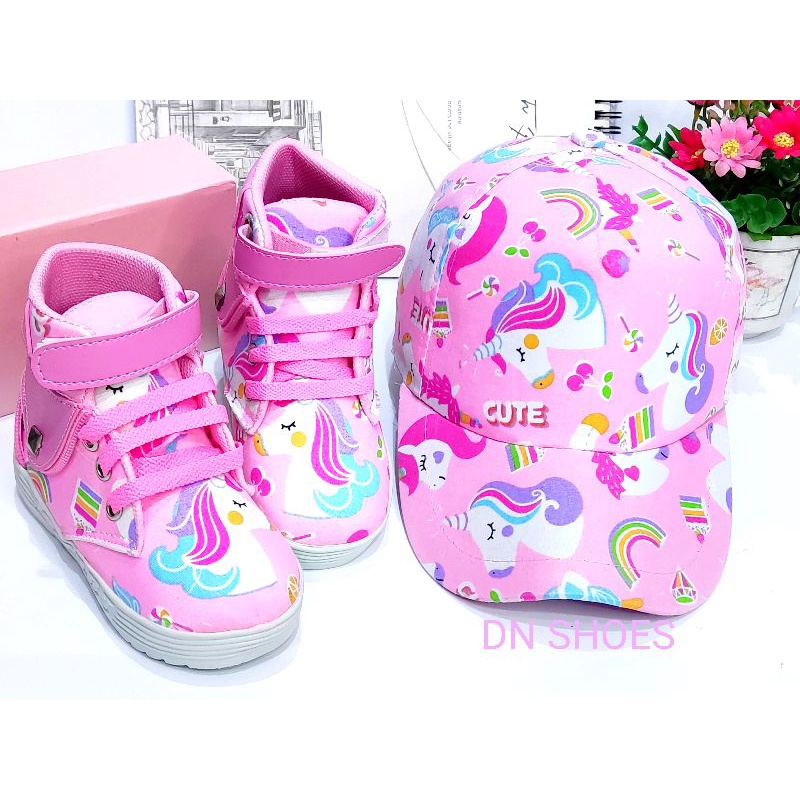 Paket Sepatu Anak Perempuan Paket Sepatu Boots Topi Anak Paket Boot Anak Perempuan Topi Pet Anak Perempuan Murah Lucu Karakter Unicorn Pink Cute