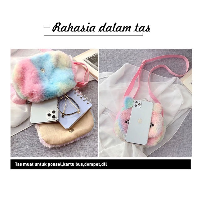 Holiven Tas Anak Unicorn Bulu Warna Ungu Pink Biru / Tas Selempang Anak Gradasi