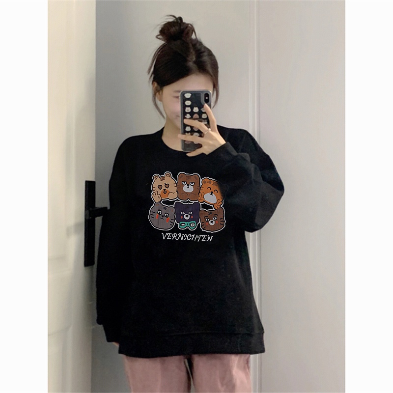 EUNII Sweater Lengan Panjang Cartoon Cats Korean Style/Hoodie Oversize/Baju Wanita/Switer Wanita