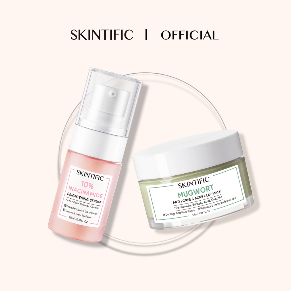 SKINTIFIC - Brightening Acne Set Glowing Paket Skincare Niacinamide Serum + Mugwort Clay Mask with 10% Niacinamide/Salicylic acid Repair Skin Barrier【BPOM】