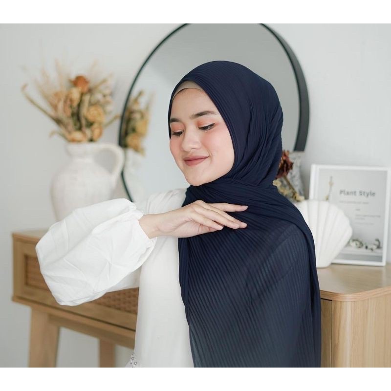 Pashmina Plisket Navy || Hijab Pashmina Plisket Ceruty Biru Dongker