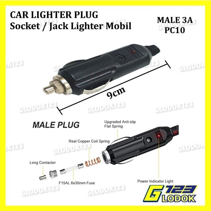Plug Jack Car Lighter Soket Colokan Mobil Jantan Male LED Fuse 12V 24V
