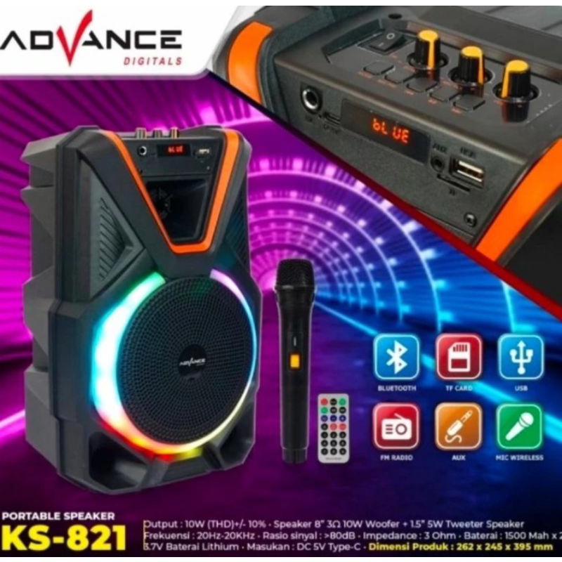 SPEAKER ADVANCE KS821 FREE 1 MIC WIRELESS  - SPEAKER BLUETOOTH ADVANCE 8 INCH - SPEAKER PORTABLE ADV