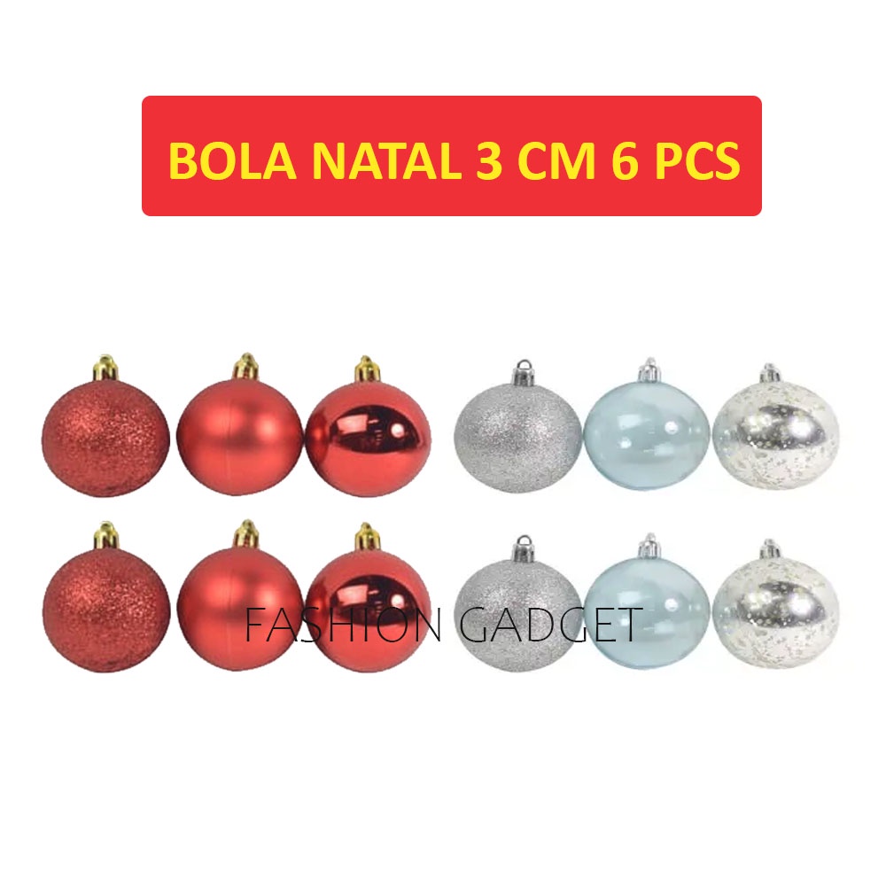 Bola Natal 3 cm 1 Set 6 Pcs Ornamen Gantungan Pohon Natal Bola Hiasan Pohon Natal Mini Bola Plastik Polos Tekstur Ball Christmas Bola Dekorasi Ball Decoration