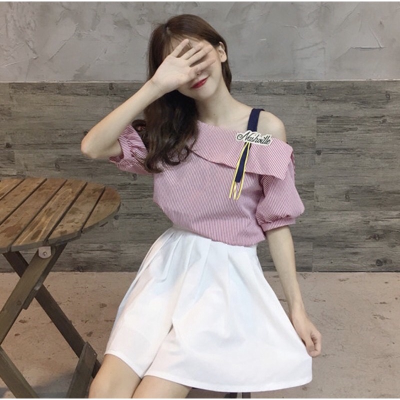 Crop Top Sabrina Off Shoulder Korean Style Import Merah Putih Pink