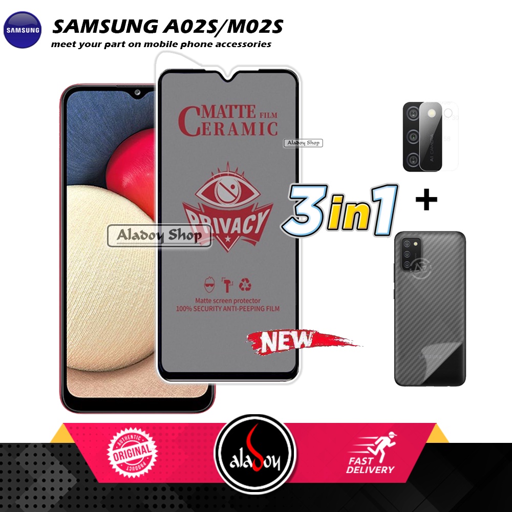 Tempered Glass Anti SPY Samsung A02S/M02S Anti Gores Privacy + Tempered Glass kamera dan Skin Carbon