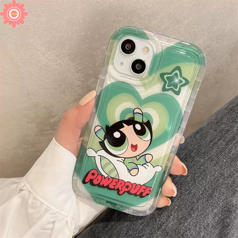 IPHONE Casing Ponsel Anak Perempuan Powerpuff Kompatibel Untuk Iphone14 13 11 12 Pro MAX XR 7plus 78 6 6S Plus X XS MAX Kartun Lucu Manis Cinta Hati Bening Shockproof AiRbag Lembut TPU Penutup Belakang