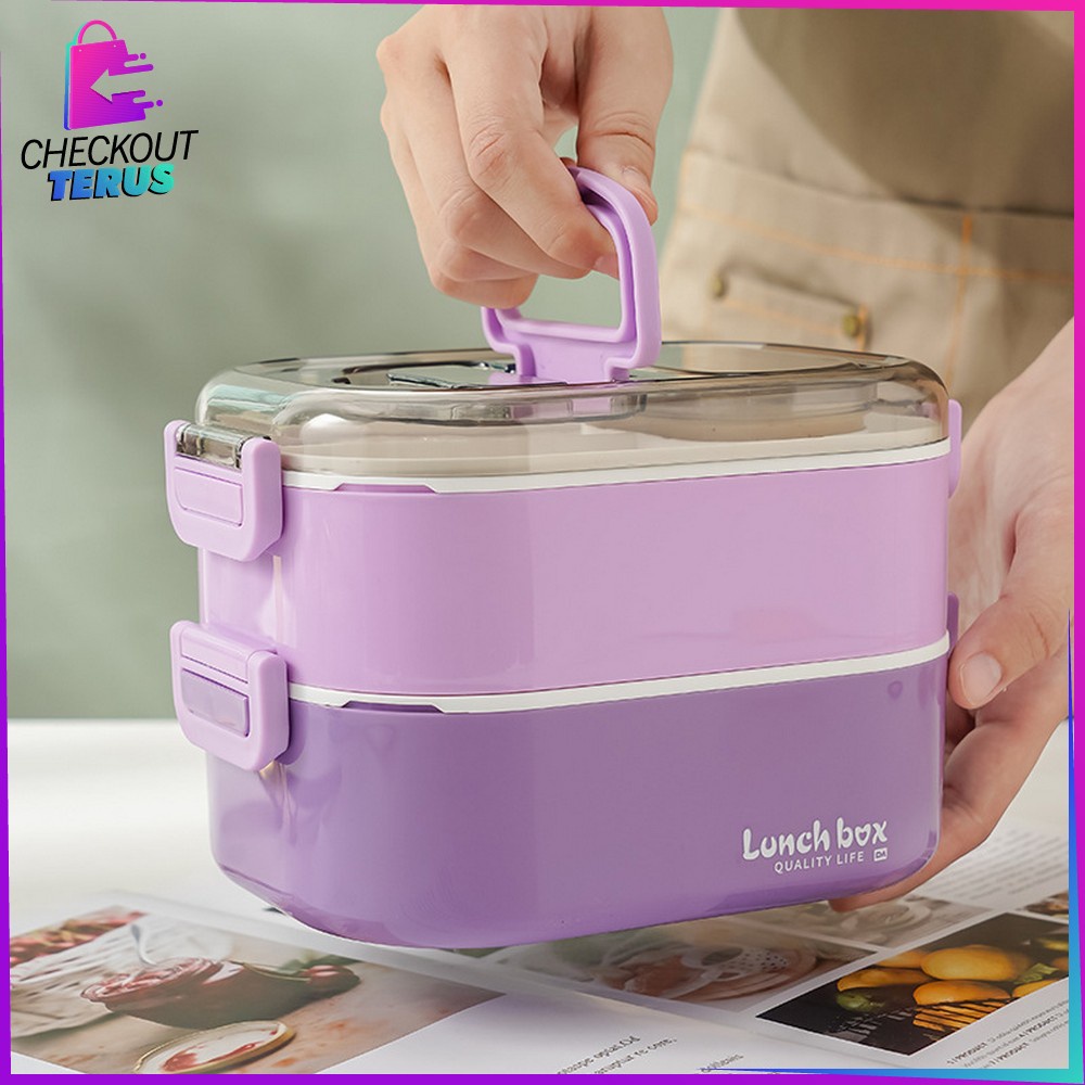 CT C696 Tempat Makan Set 2 Tingkat Anti Tumpah Dengan Pegangan Set BPA FREE Lunch Box Susun Free Sendok Portable