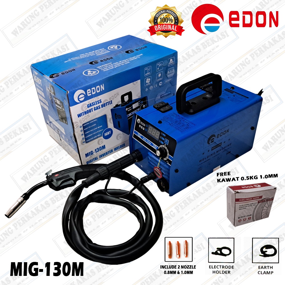 EDON Mig 130 Mesin Trafo IGBT Las Listrik MIG 130M DIGITAL Flux Cored Wire Tanpa Gas Full Set Lengkap Free Kawat 1.0mm x 0.5Kg 2in1 MMA Dan Mig