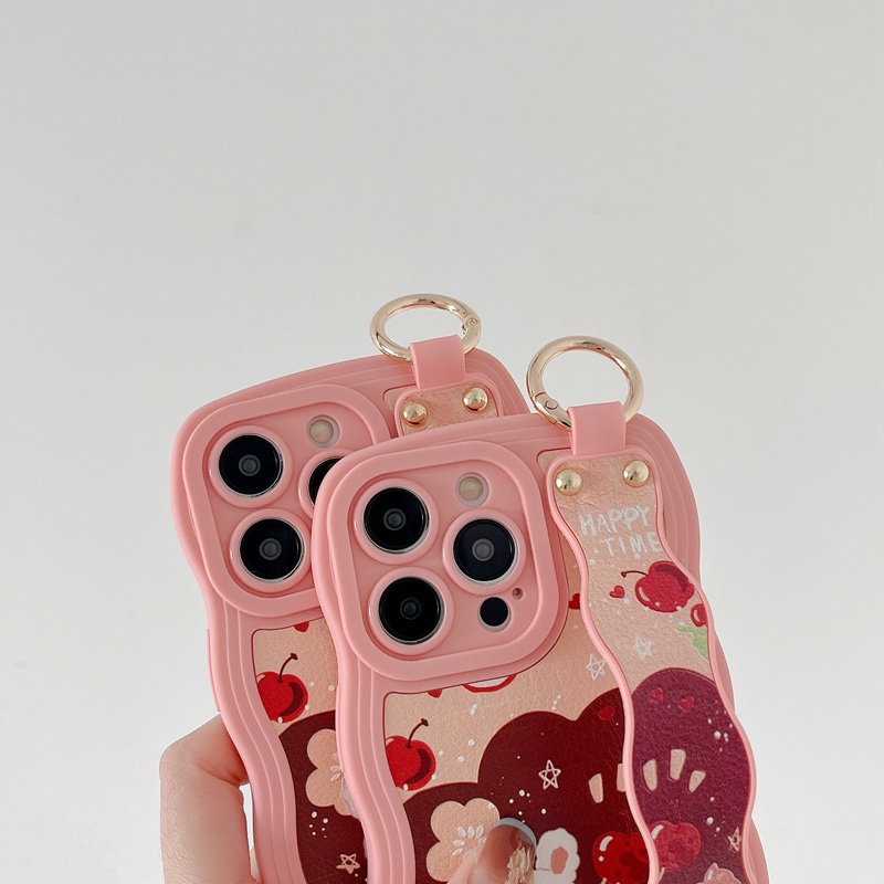 Wave Wrist strap Leather Soft Case iPhone 6S 7 8 Plus XR XS Max 11 12 13 14 Pro Max 14 Plus Protect Phone Case Cute Cherry Rabbit Pink