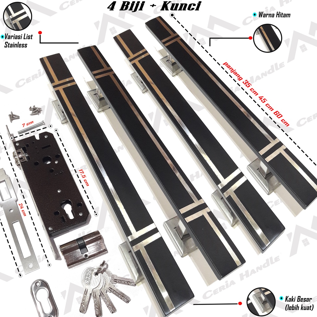 handle pintu kupu tarung 45 cm kunci set - gagang hitam panjang pintu kayu besi PVC - gagang pintu t