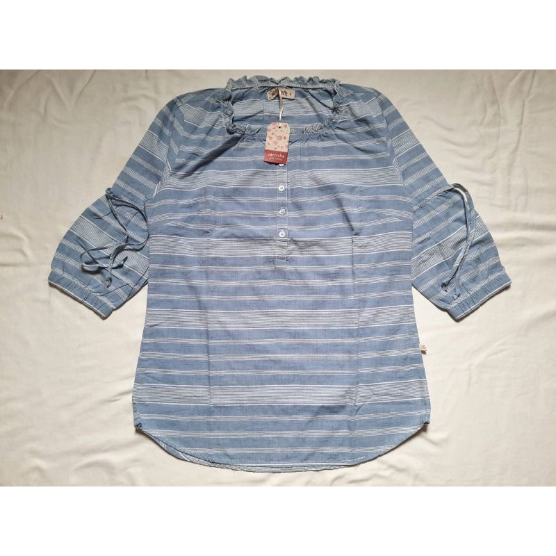 BLOUSE KEMEJA ATASAN GARIS BIRU DEWASA CORNICHE WANITA ORI