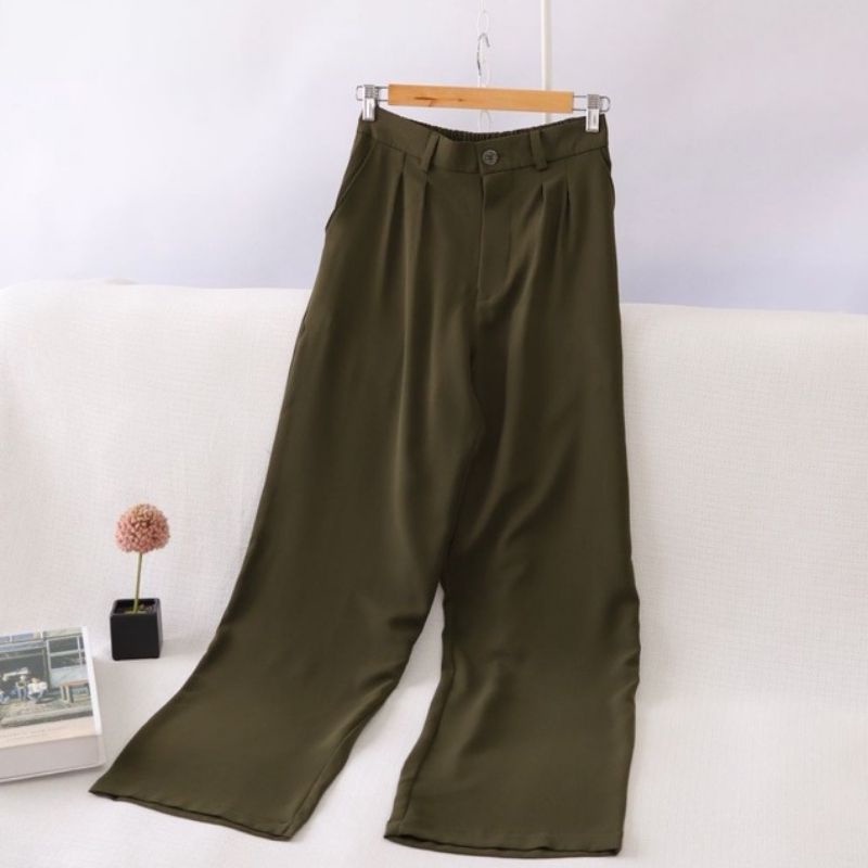 LOOSE PANTS TROUSERS CELANA ANTI KUSUT WANITA CELANA KULOT WANITA CELANA KANTOR FORMAL CELANA KERJA WANITA-ARMY