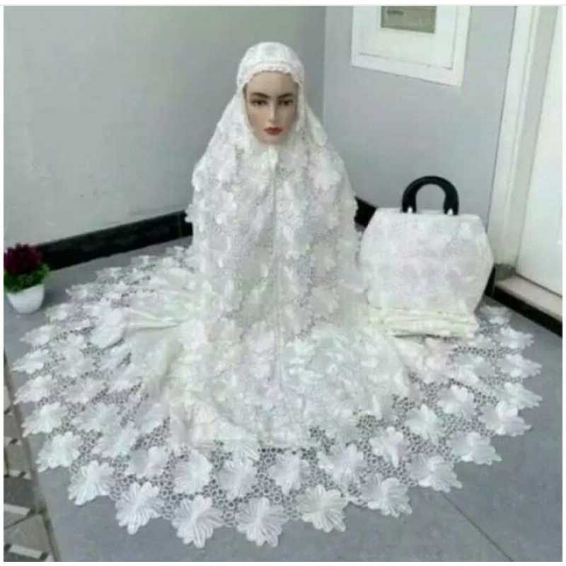 Mukena Mercon putih bhn sutra prada +Bordir asli full +swaroski + Tas allsize gede Good Quality