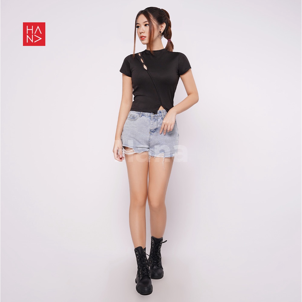 HanaFashion JKT - Claudia Slit Crop Top Kaos Blouse Atasan Wanita  - CT293