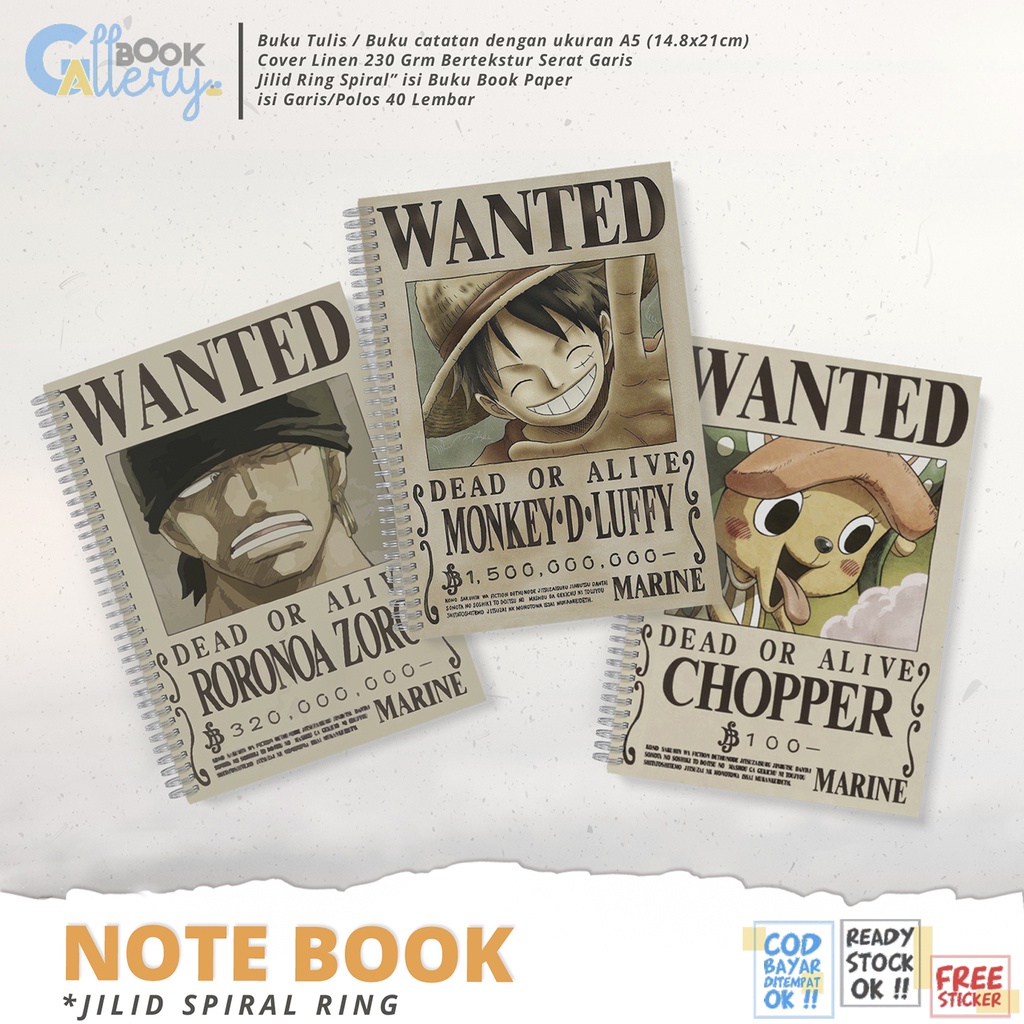 

[SP] Buku Tulis / Buku Catatan / Note book Anime One Piece, Mugiwara Crew (The Straw Hat Pirates) WANTED Jilid Ring Spiral Dengan isi Book Paper Garis/Polos 50 Lembar Free Poster dan Stiker Ukuran A5