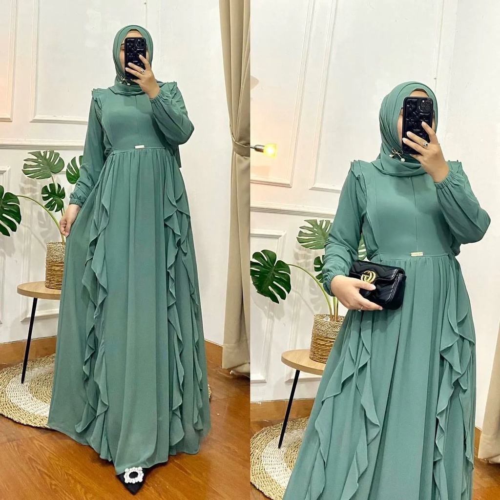Gamis syari Ayeena Dress bahan ceruty baby doll premium full furing / busui / resleting depan origin