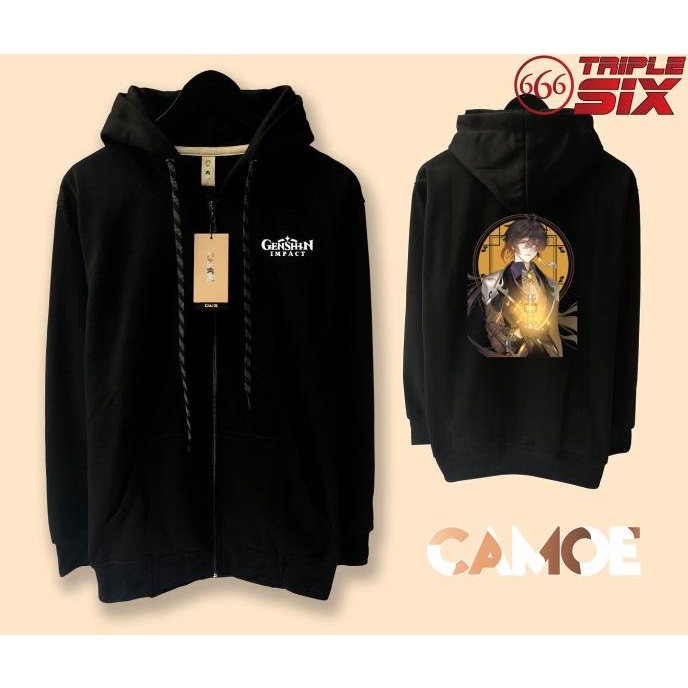 Jacket Zhongli Genshin Impact Sweater Hoodie Pria Bahan Fleece Sablon Polyflex Zipper Resleting Depa