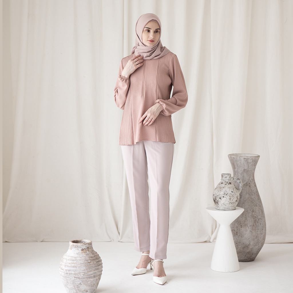 Asmara by Aska Label - atasan wanita plisket blouse wanita pleats bahan crinkle warna lilac, pink mauve, coklat mocca