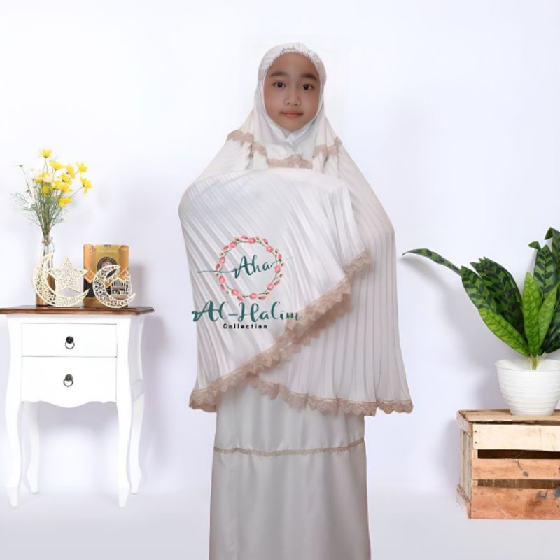 Mukena plisket anak tanggung sutra velvet