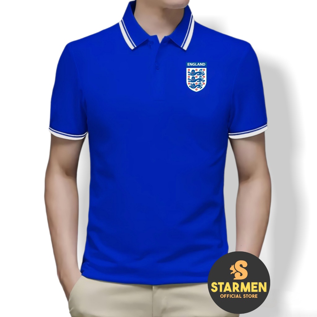 Kaos Polo Shirt Pria Kerah List Putih logo ENGLAND