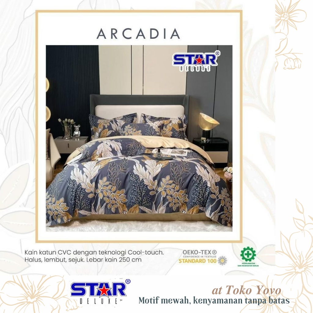 Sprei Katun Halus Pria Star Arcadia Daun Grey Navy Kuning Gold Seprei