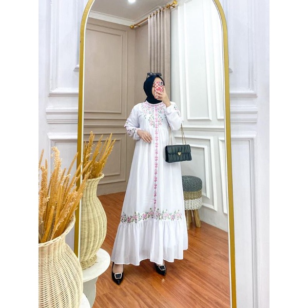 GAMIS CERUTY BORDIR PUTIH ( KODE CR 3 )/GAMIS UMROH/ GAMIS BUSUI/GAMIS PUTIH,/ GAMIS BORDIR BUNGA