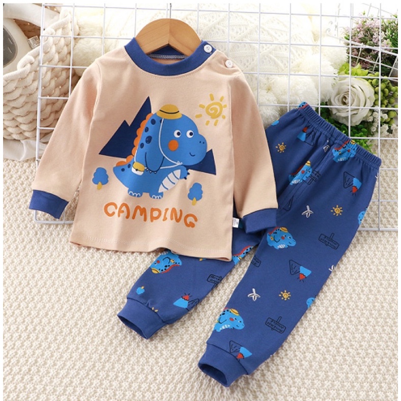 SET Piyama Anak Gambar Camping Dino Bahan Katun import Premium Baju Tidur Anak Murah Baju Piyama Anak Tangan panjang Bahan Katun Lucu