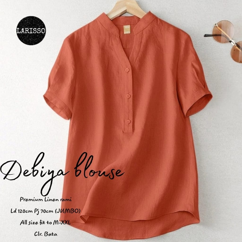 Baju blouse lengan pendek jumbo kancing linen / Debiya blouse