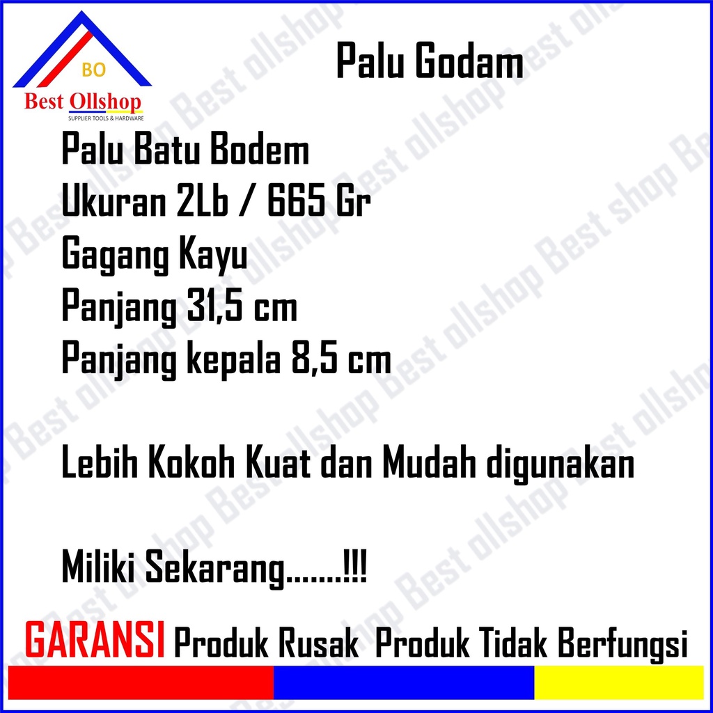 Palu Batu Beton Tembok 2 LB Palu Bodem Bogem 2Lb Gagang Kayu / Palu Besi Batu Bobok Tembok