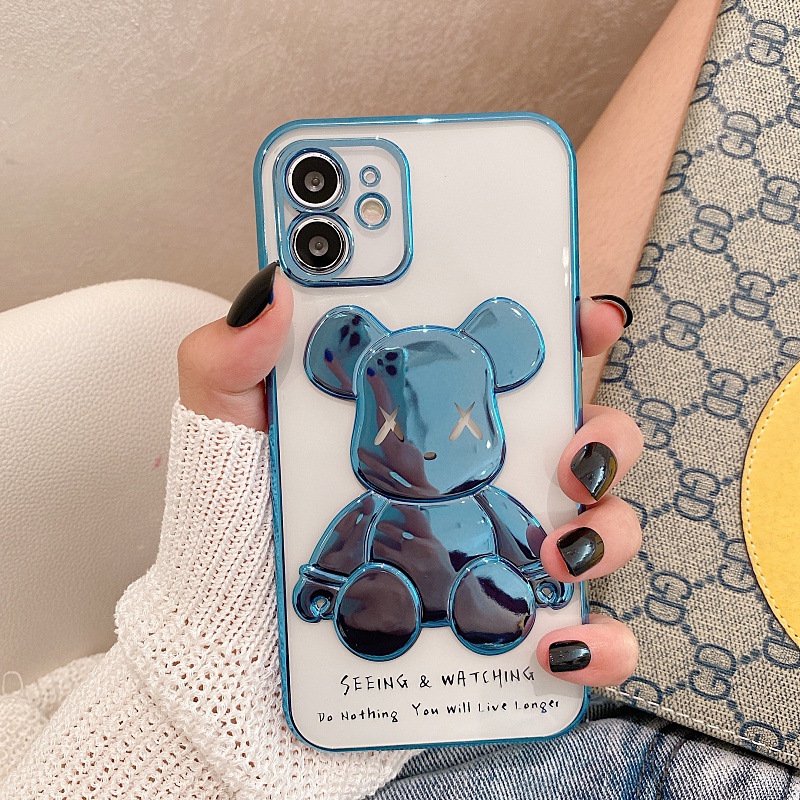 IPHONE Fashion Purple Bear Plating Phone Case Untuk Iphone13Mini12 11 Pro Max XS XR X8 7 6 6S Plus Se2020 Transparan Silikon Full Cover