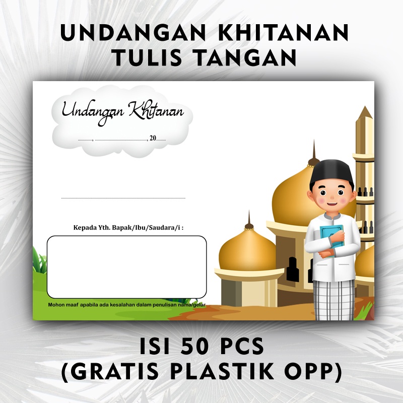 (ISI 50 PCS) UNDANGAN KHITANAN TULIS TANGAN MASJID KARTUN GOLD