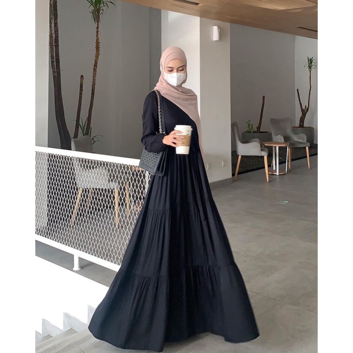 GAMIS WANITA MUSLIM SALSA MAXI DRESS RAYON POLOS DRES REMPEL HITAM