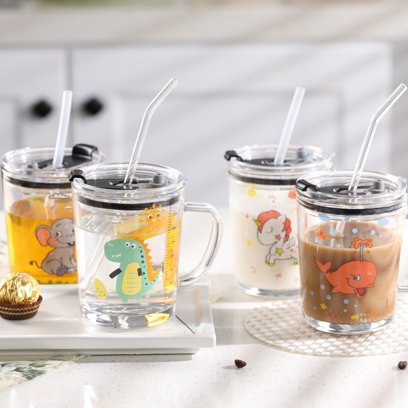 ACCFASHIONMURAH Gelas Minum Anak Motif Karakter Animal Lucu Gratis Sedotan 400ml