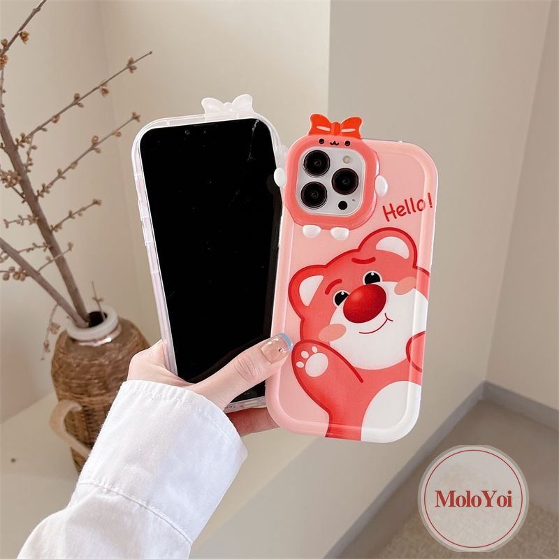 Case Kompatibel Untuk iPhone 6s 6 8 7 Plus 11 Pro Max13 12 14 Pro Max14 Plus XR X XS Max SE 2020 3D Bow-knot Little Monster Lens Kartun Lucu Manis Strawberry Bear Manyo Soft Cover