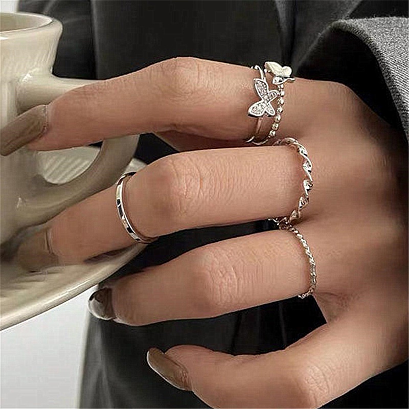 4 Pcs/set 925 Fashion Perak Cincin Set Kupu-kupu Berlian Imitasi (TR - 011)