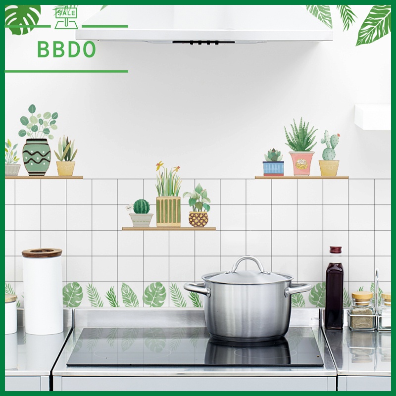 wallpaper dapur anti minyak dan panas 60 cm * 6 meter stiker dinding motif rak, 3 pot dan daun hijau stiker dapur