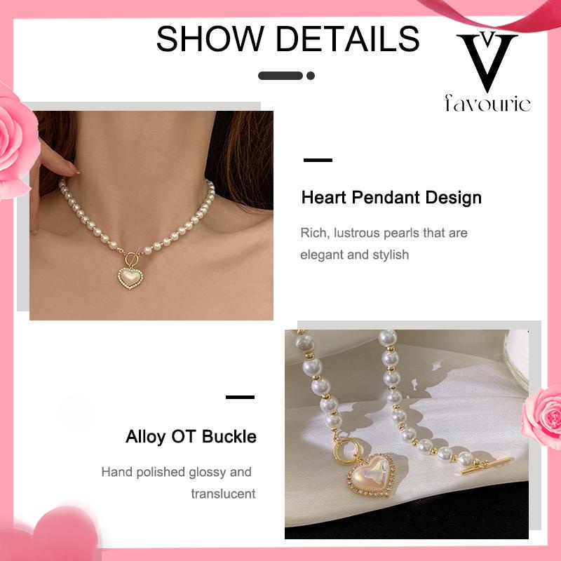 CODMewah Liontin Bentuk Hati Vintage Kalung Mutiara Wanita Elegan Rantai Klavikula Pesona-FA