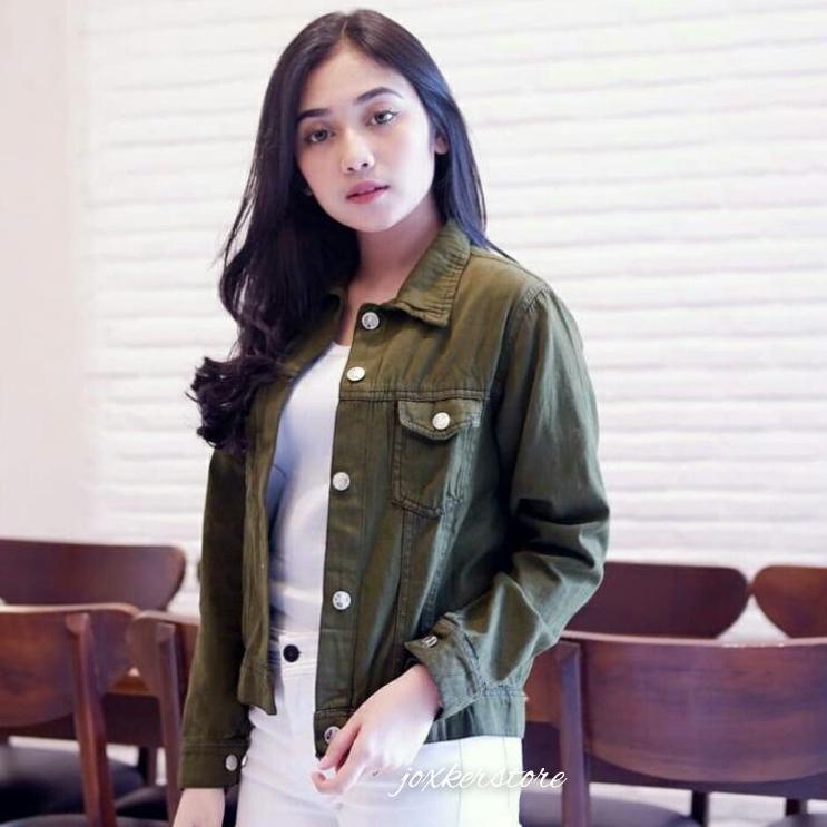 Viral JAKET DENIM BIONDY FAHSION HIJAU ARMY SLIMFIT CEWEK CROP TEE JEANS WANITA GREEN POLOS SOLID BO