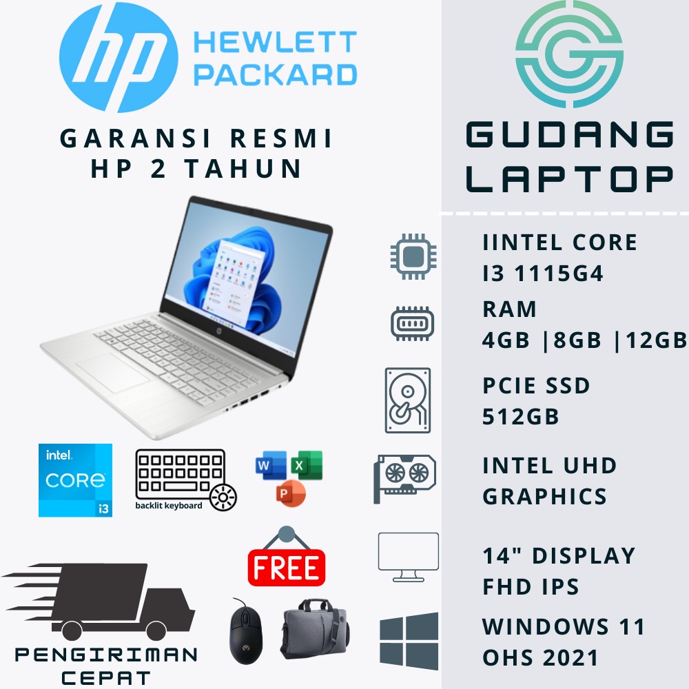 LAPTOP HP 14s DQ2614TU CORE i3 1115G4 8GB SSD 512GB 14.0 FHD IPS WINDOWS 11 + OHS