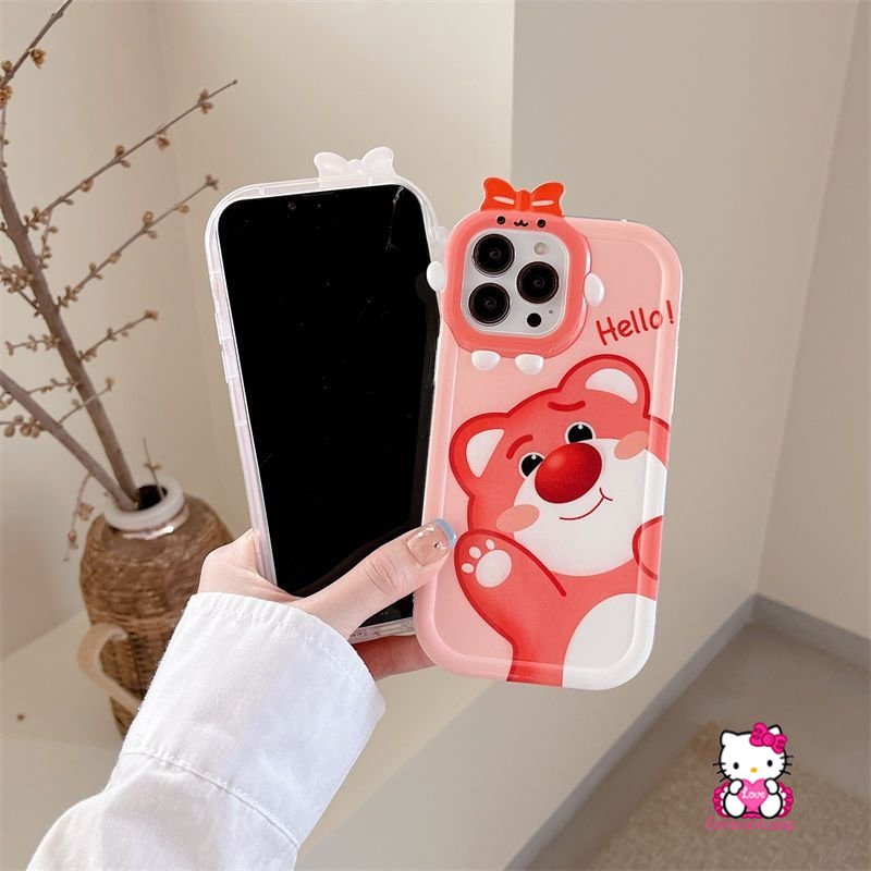 Kartun Manis Strawberry Bear Manyo Case Kompatibel Untuk iPhone XR 6s 6 8 7 Plus 11 Pro Max 13 12 14 Pro Max 14 Plus X XS Max SE 2020lucu 3D Busur Simpul Monster Kecil Lensa Soft Cover