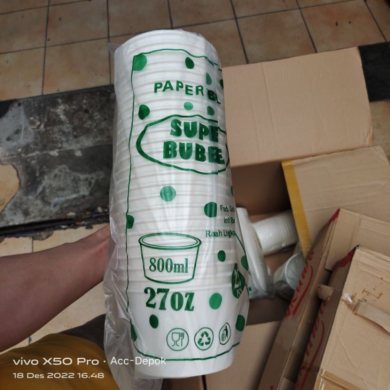 PAPER BOWL + LID / MANGKOK KERTAS PUTIH UKURAN 360ML 500ML 650ML 800ML + INER + TUTUP ISI 25SET MEREK SUPER BUBBLE