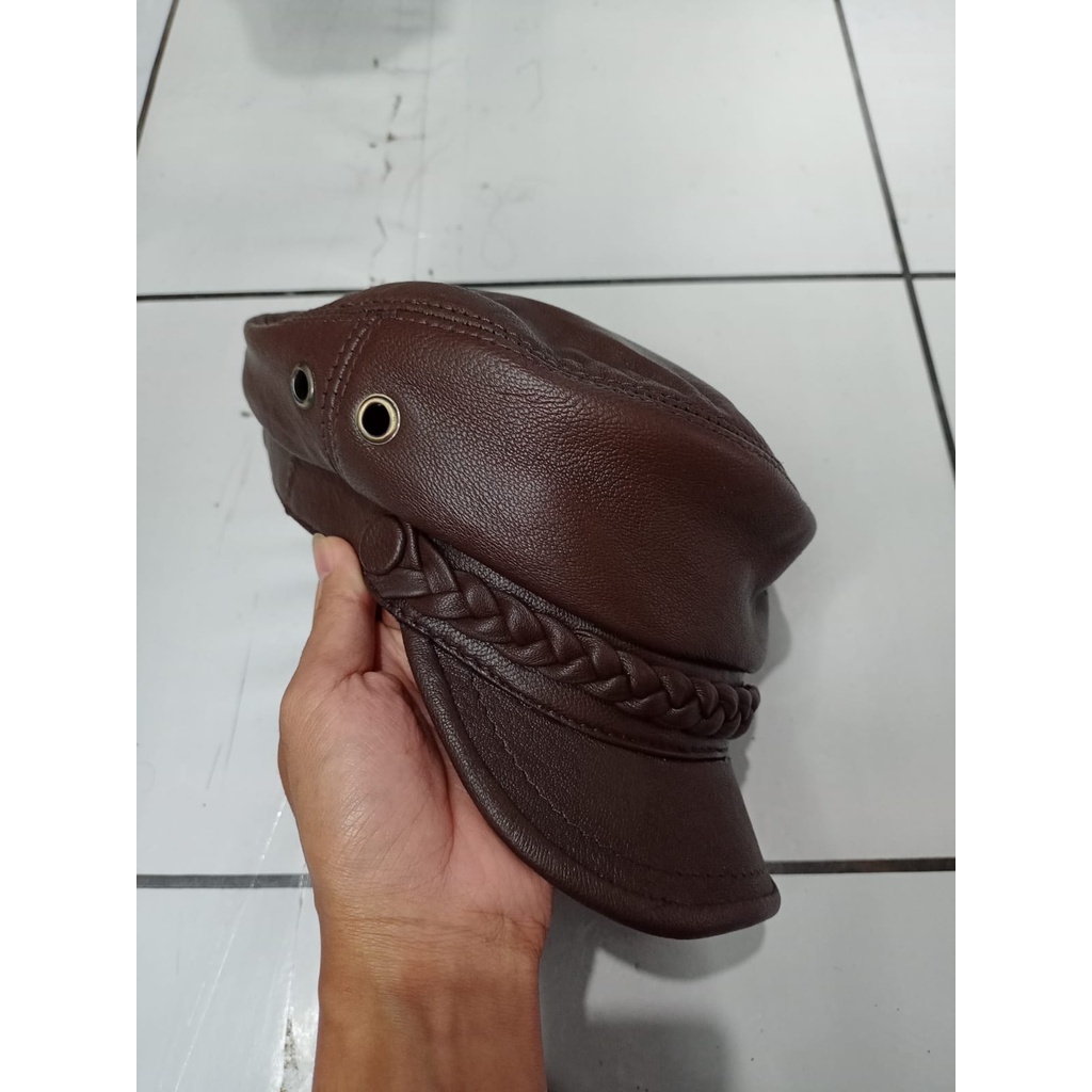 Topi Sailorman Kulit Pria Dewasa | Topi Kapten Pelaut Nahkoda Ariel Komando Kulit | Topi Police