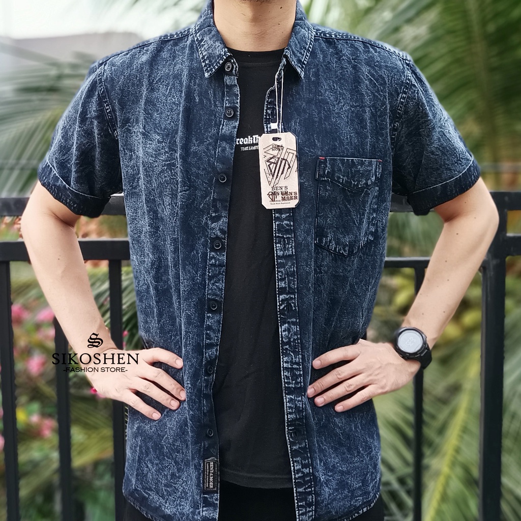 Kemeja Denim Jeans Lengan Pendek Kemeja Pendek Jumbo Big Size Denim Washing Pria