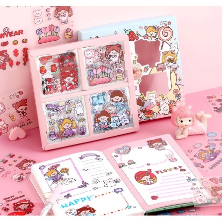 Sticker Waterproof Momo Box Isi 100 Lembar Stiker Motif Kartun Korea Lucu Anti Air Dekorasi Handbook Scrapbook DIY