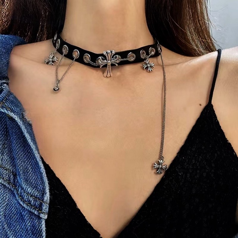 Aksesoris Kalung Pendek Salib Kulit Hitam Kepribadian Retro Gelap
